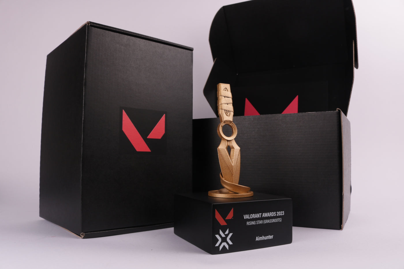 black base with a golden 3d printed trophy on top for valorant