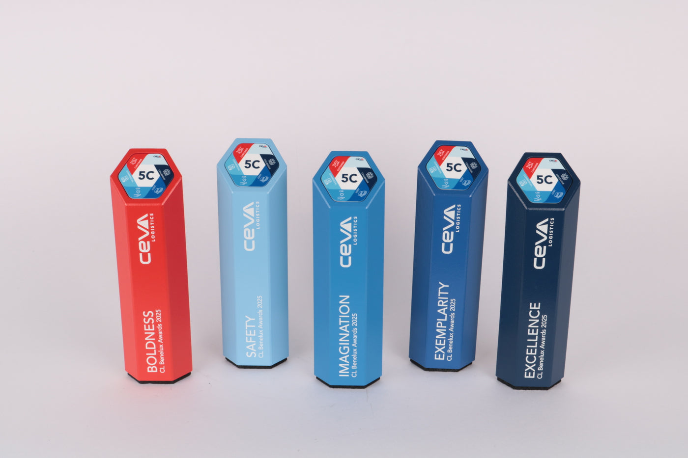 colorfull trophies with the logo of ceva