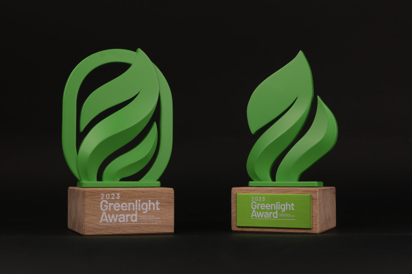 wooden trophy base with a green 3d printed leaf for the greenlight award