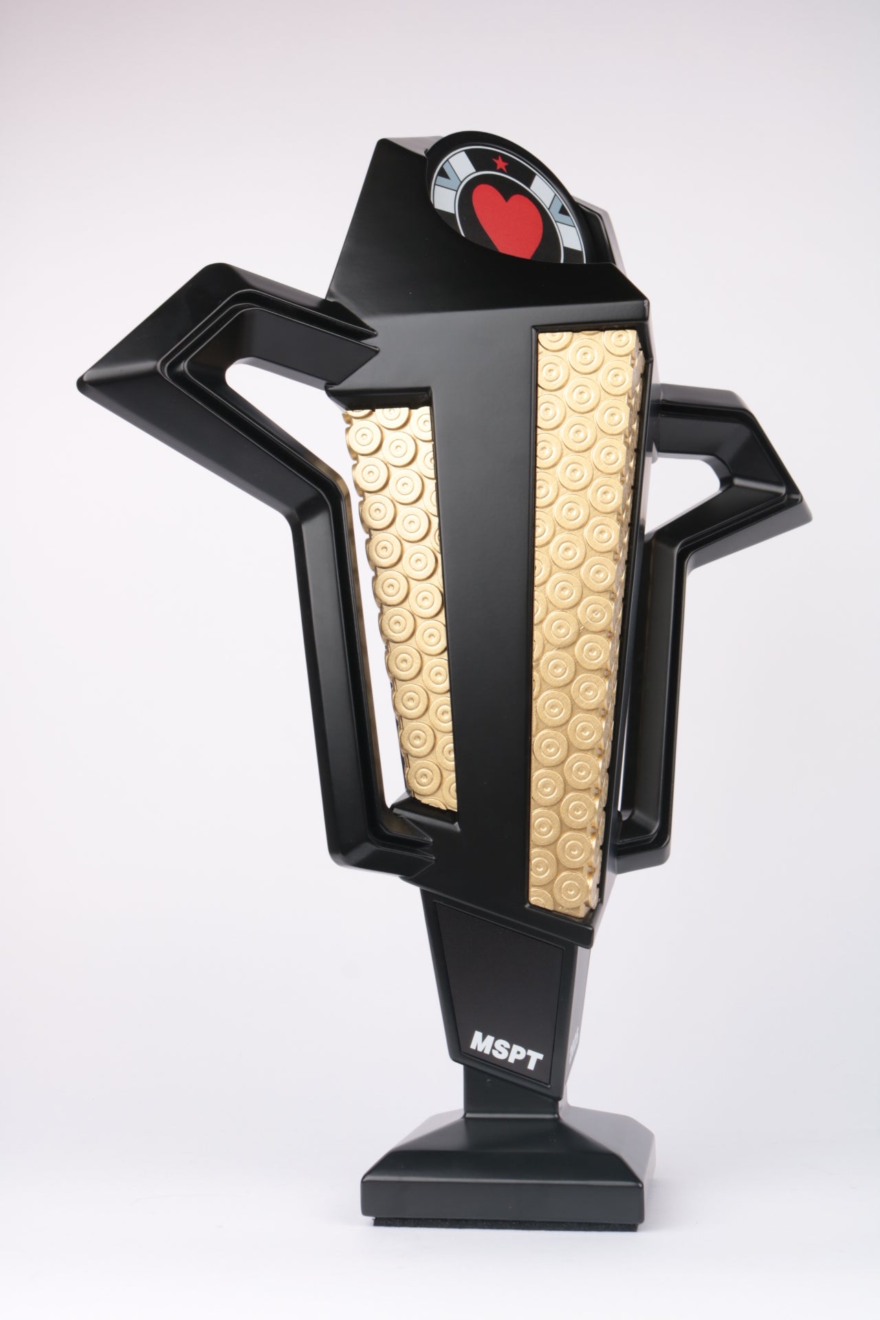 poker trophy with angular handles and golden bullet casing details