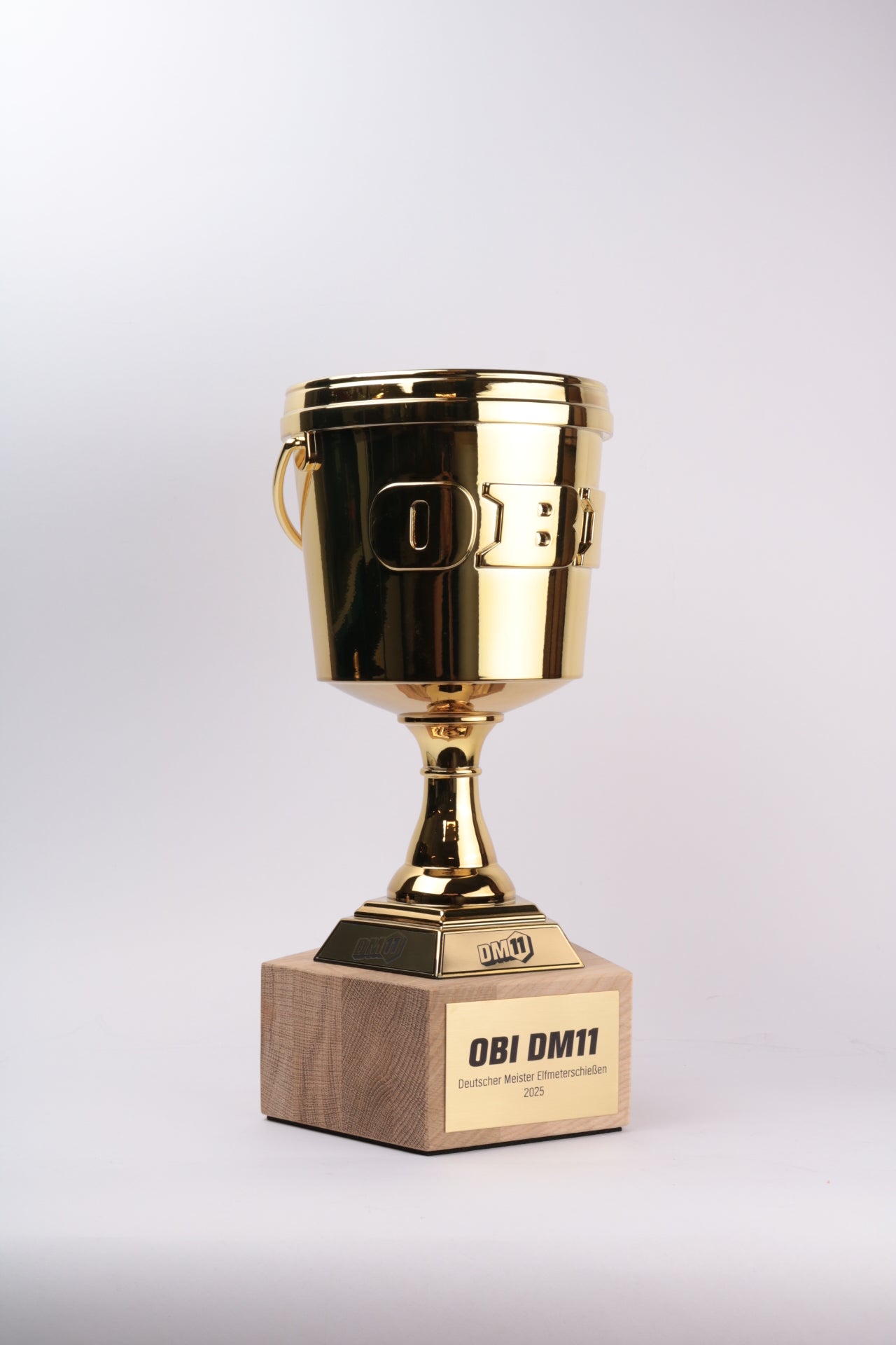 chrome gold 3d printed bucket cup trophy on oak base with brass plaque
