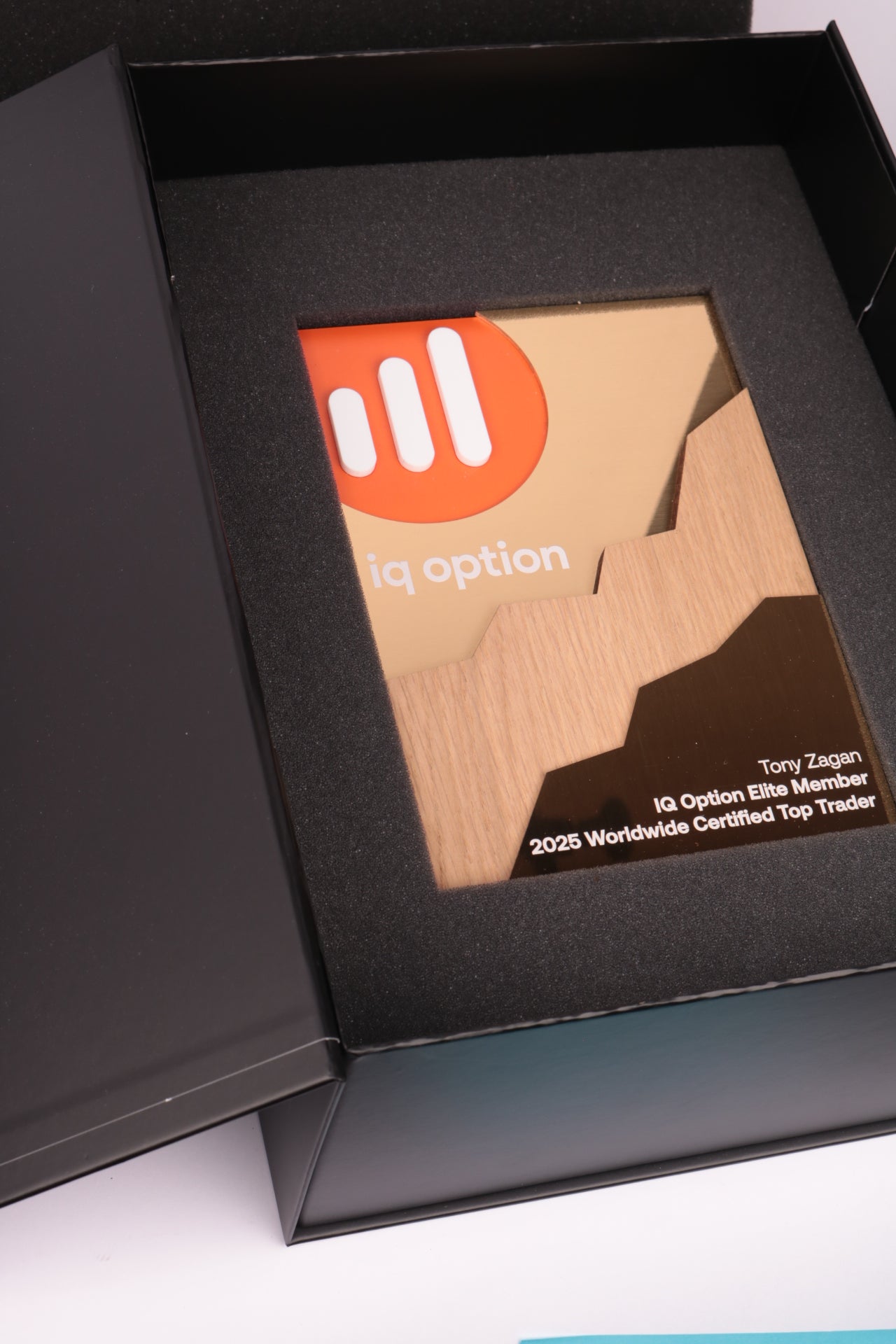 layered shiney brass and oak vineer wall plaque with acrylic details and uv printed text in premium packaging
