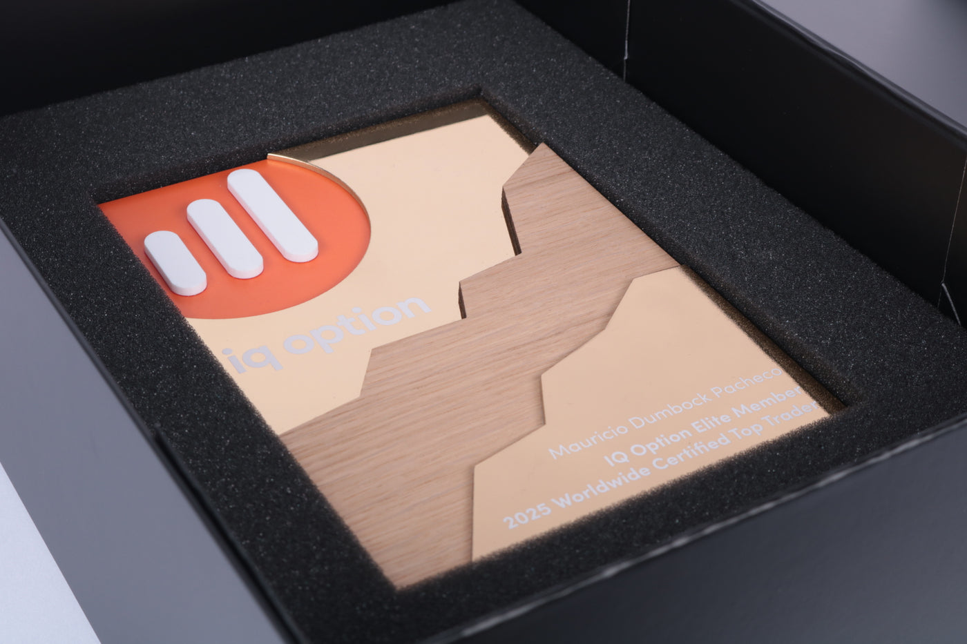 layered shiny brass and oak vineer wall plaque with acrylic details and uv printed text in premium packaging