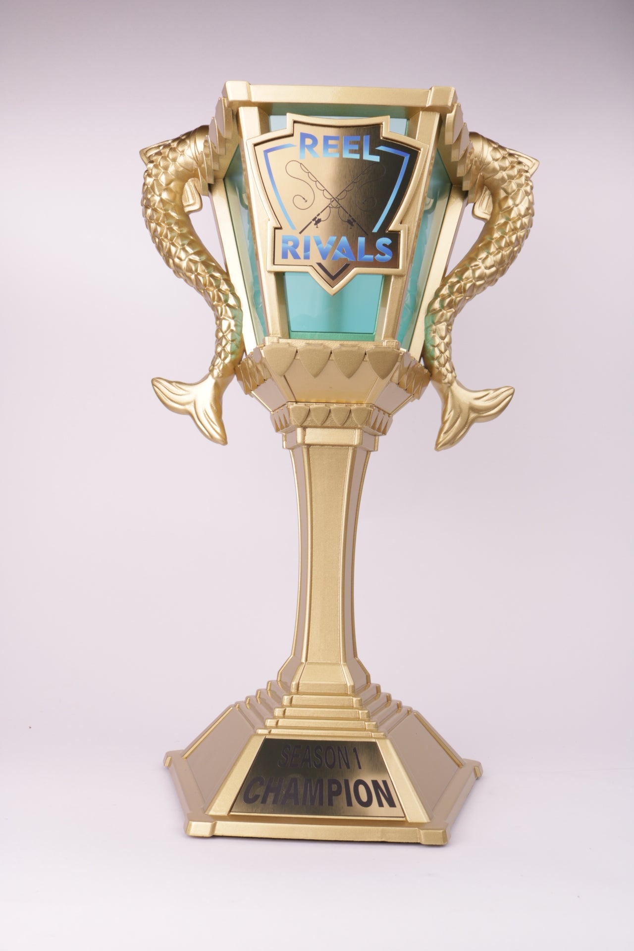 golden 3dprinted trophy with a brassed plate