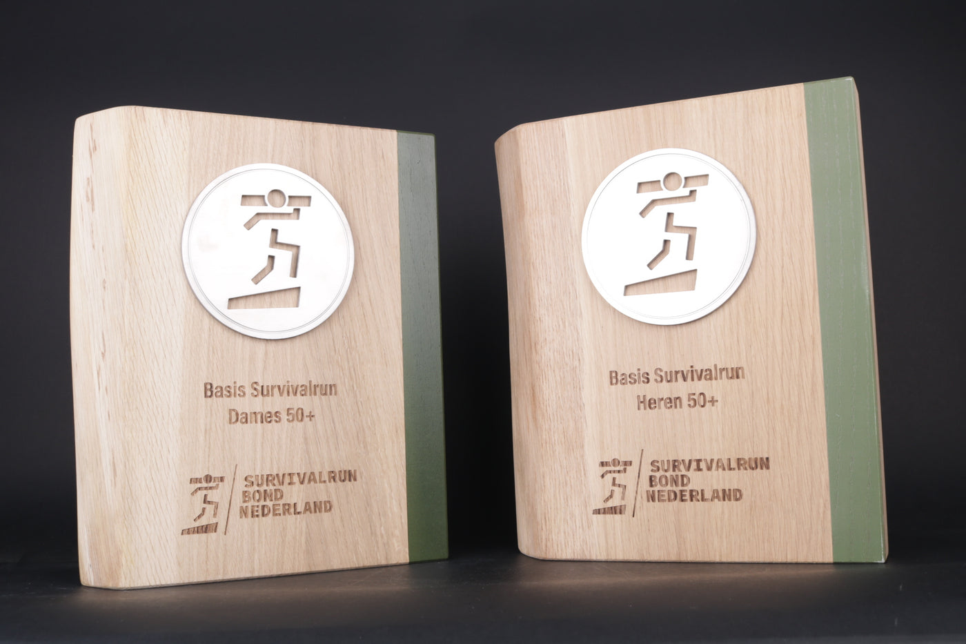 oak trophy with a white template for the survivalrun 