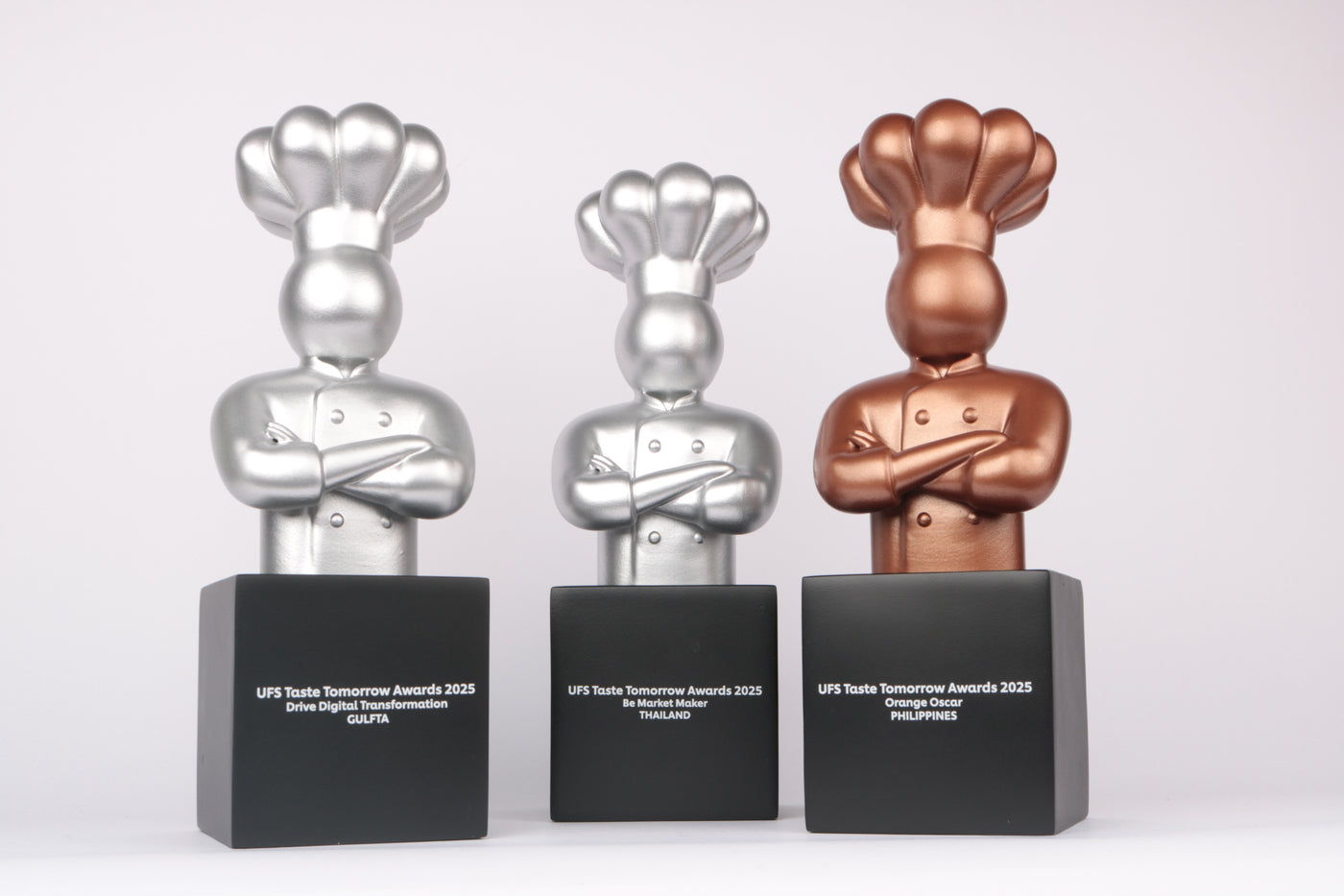 satin metallic paint silver bronze chef hat figurines on black base