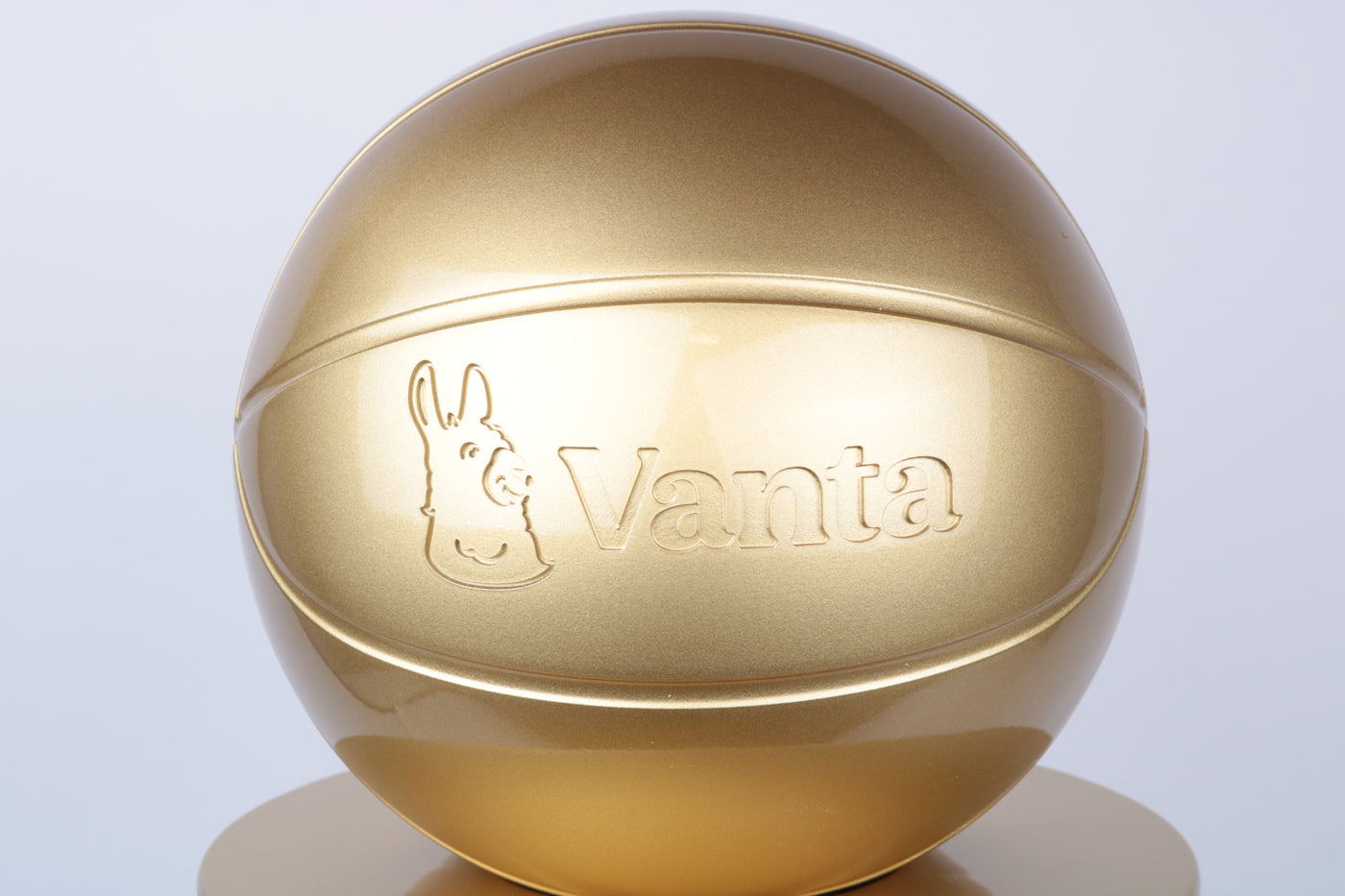 close up glossy gold paint basketball with embossed text logo
