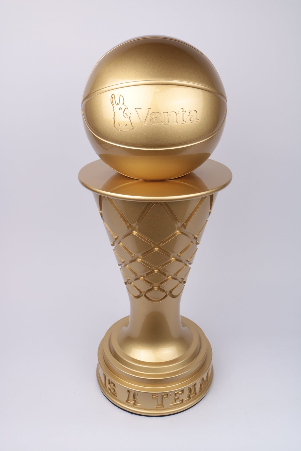 glossy gold metallic paint basketball in net vanta trophy