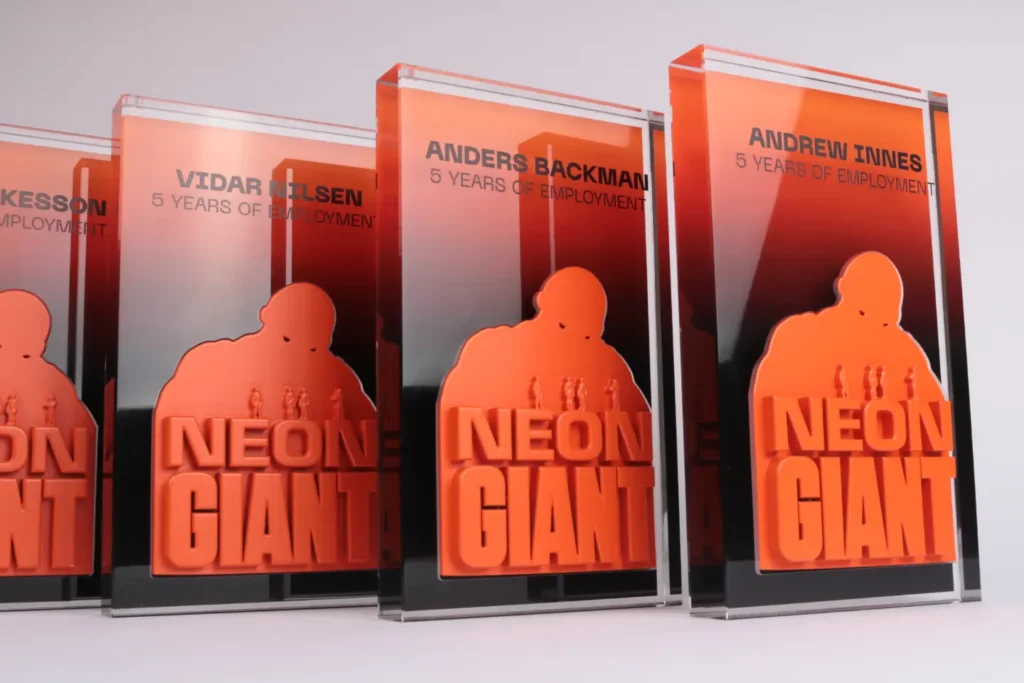 Custom employee milestone awards for Neon Giant