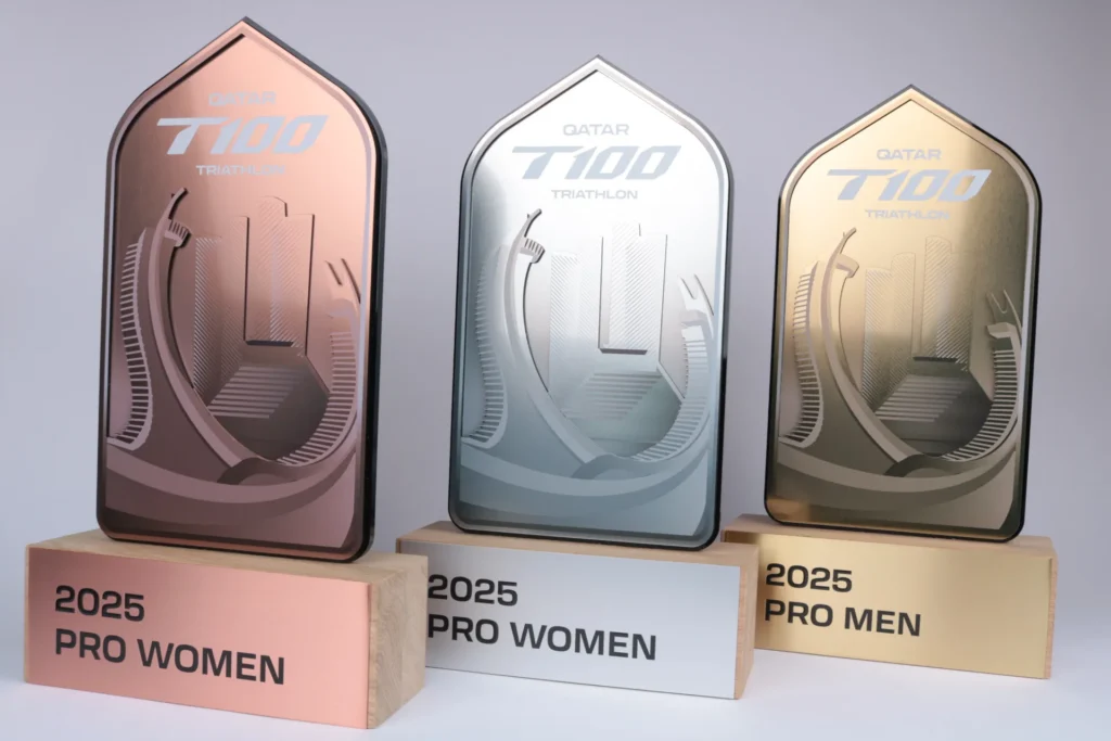 Custom triathlon trophies for Qatar T100