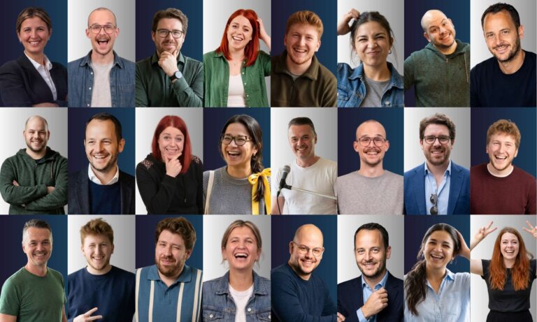 Portrait grid of the Fabit team members smiling in front of dark backdrops