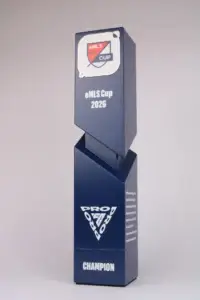 Navy eMLS Cup 2026 Champion trophy with a twisted column