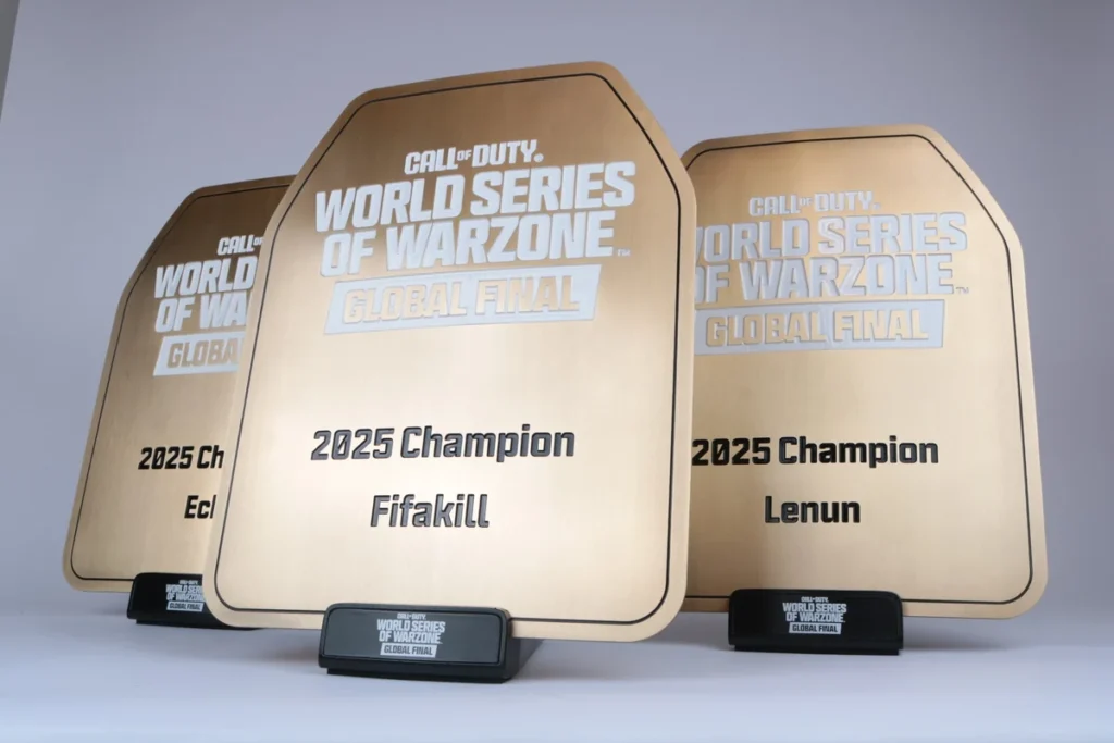 Brushed gold metal plaques for the World Series of Warzone Global Final