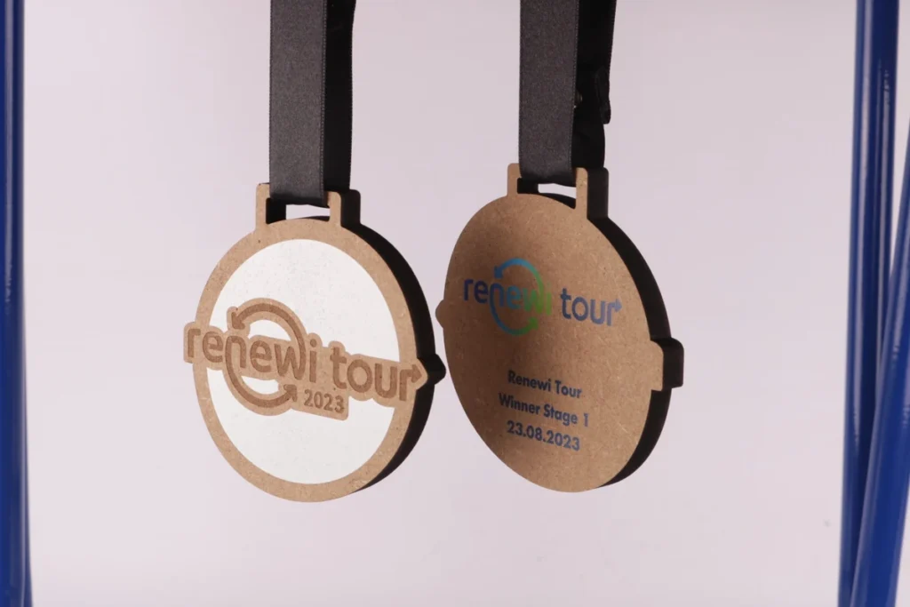 Renewi Tour medals made from recycled wood fibreboard