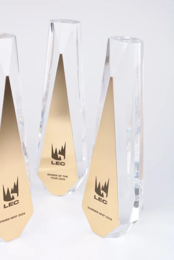 Crystal LEC MVP trophies with brushed gold inlay