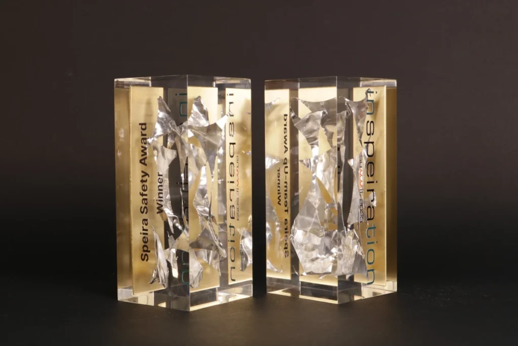 Clear acrylic Speira awards with embedded crushed aluminium foil
