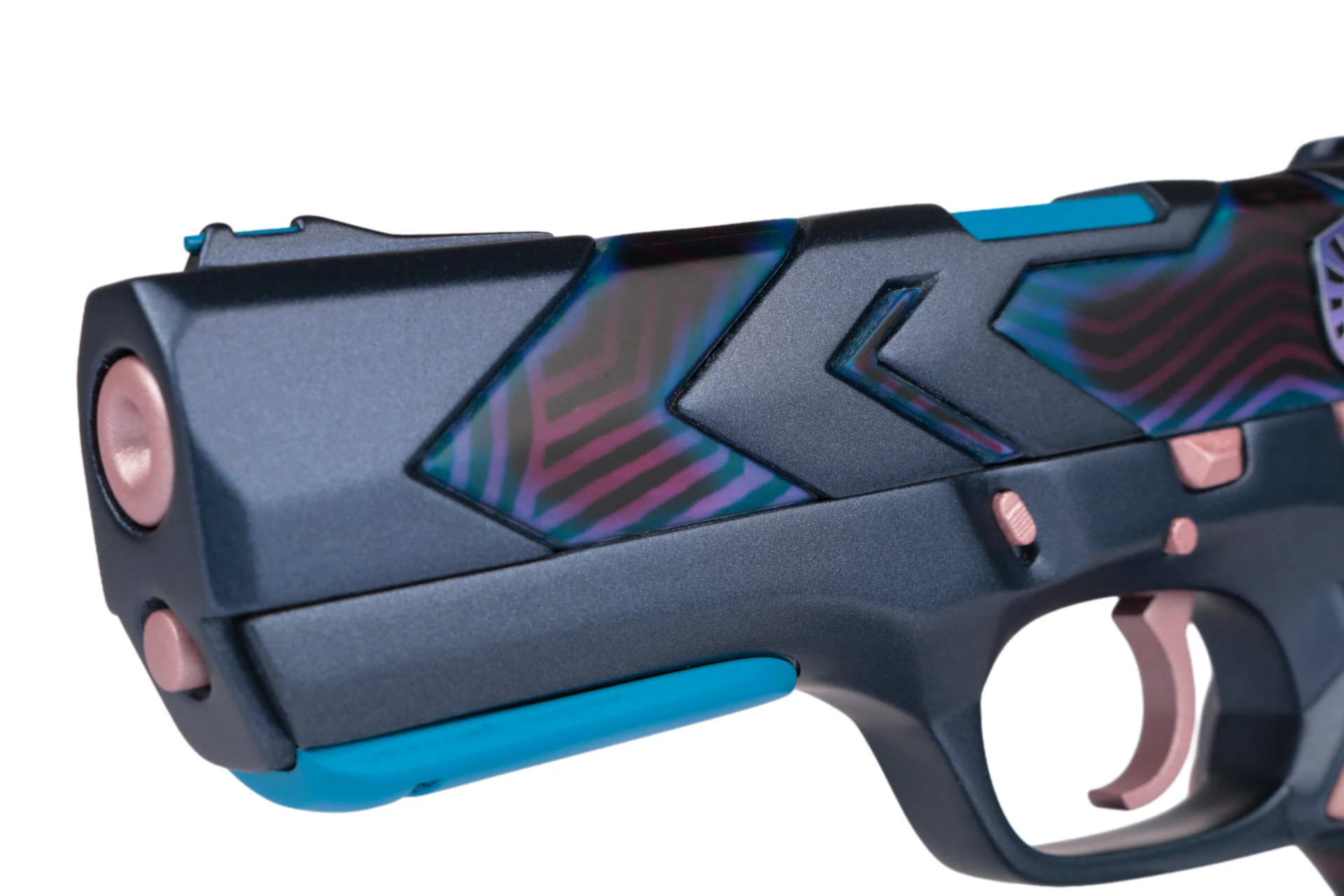 Detail of a Valorant Classic prop with matte metallic gun-metal body and hand-painted accent elements
