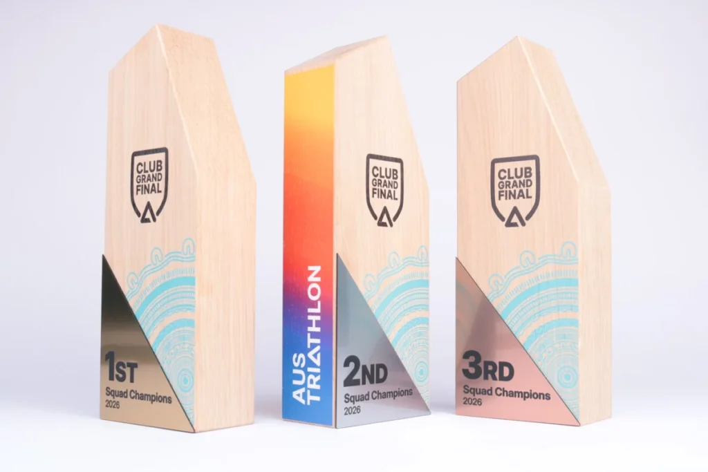 Aus Triathlon Club Grand Final oak trophies with printed metal inlay