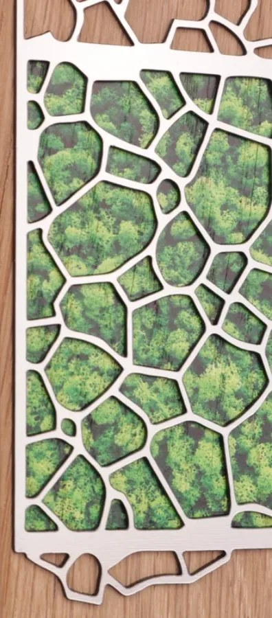 FSC certified oak award with moss inlay behind metal fretwork, made by Fabit