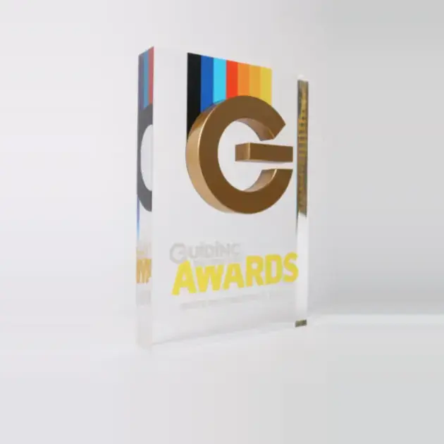 Acrylic deal tombstone award with gold letter G, made by Fabit